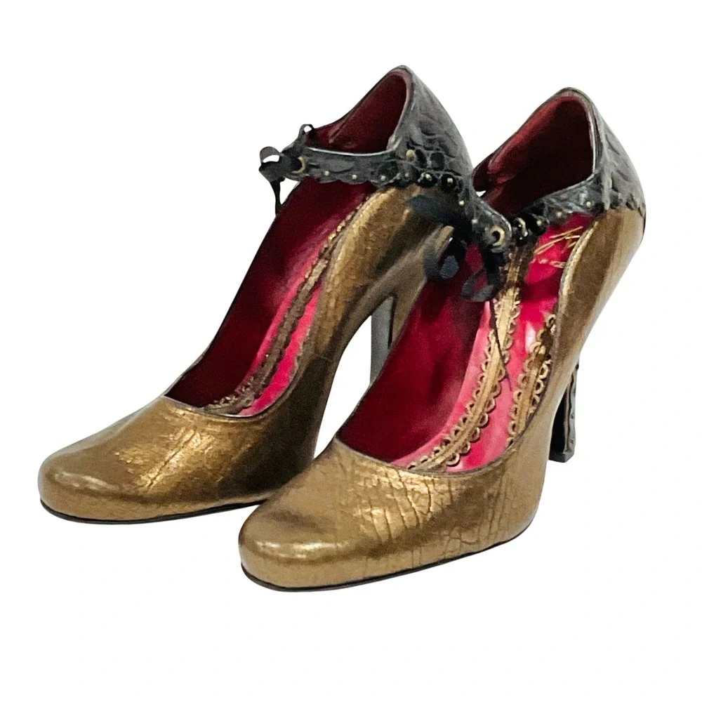 J Vincent women's shoes heels leather sole metallic bronze black studded 6.5 3.5